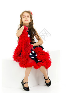 Polka Dot服装 红色手套和的女孩立方体乐趣头发冒充孩子蓝色女士青年微笑发型图片