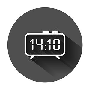 平面样式的时钟标志图标 带有长阴影的黑色圆形背景上的时间管理矢量图解 计时器经营理念顺时针速度滴答按钮手表小时警报柜台办公室拨号图片