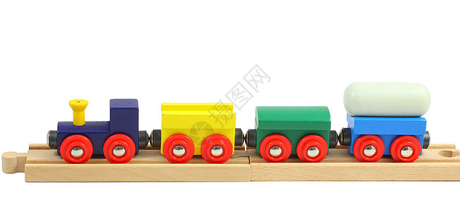 白色隔离的铁轨木制火车玩具孩子铁路车辆车皮车轮木头机车教育蓝色引擎图片