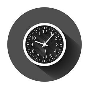 平面样式的时钟标志图标 带有长阴影的黑色圆形背景上的时间管理矢量图解 计时器经营理念警报速度小时办公室拨号贴纸倒数运动柜台滴答图片