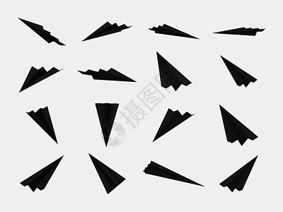 具有不同观点和角度的黑纸飞机收集资料运输玩具商业空气旅行创造力插图翅膀收藏航班图片