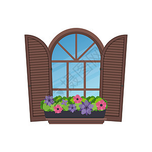 带有意大利风格的鲜花和安全百叶窗的半圆形拱窗 矢量插图图片