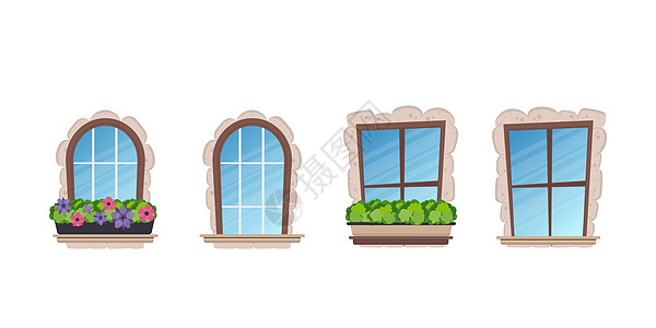 卡通风格的窗口集 石材覆层 用于游戏或建筑物的设计 孤立 向量图片