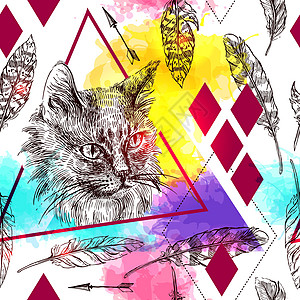 猫的无缝图案素描虎斑宠物草图动物艺术品打印手工图腾钢笔画羽毛图片