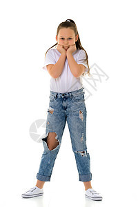 穿牛仔裤穿有洞的漂亮少女衣服高腰衬衫女士青少年冒充金发女性女孩头发图片
