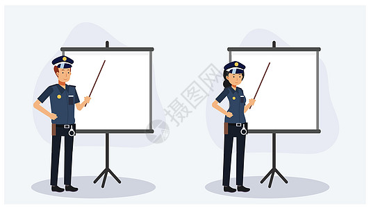 警察和女警察正指着板子 空白板 Flat矢量 2D 卡通人物插图图片