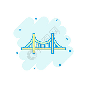 漫画风格的桥梁标志图标 白色孤立背景上的吊桥矢量卡通插图 道路业务概念飞溅效果工程师障碍跨度平台街道地标渡槽吊带建筑光束图片