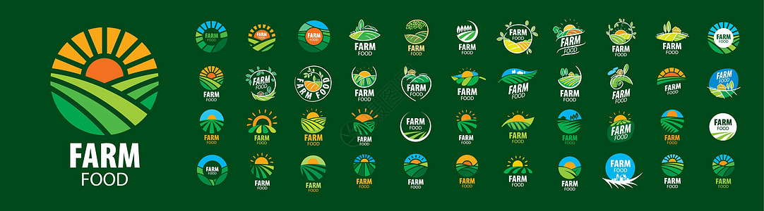绿色背景上的一组矢量农场食品标志饮食太阳插图市场徽章生态日落标签品牌植物图片