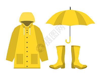 雨衣橡胶靴打开雨季雨伞套装白色背景设计 vecto图片