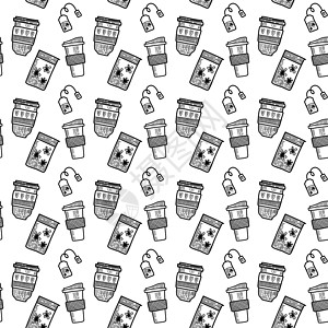 矢量无缝模式 概述可重复使用杯子的插图 用于外带饮料的咖啡杯和茶杯 用于在纸张和织物上打印广告社交媒体帖子环境问题循环生态纺织品图片