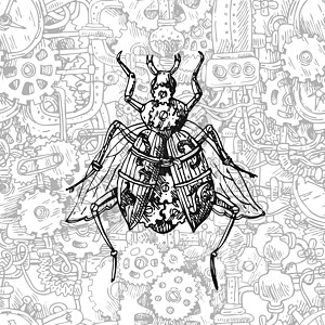 机械昆虫 手绘美丽的矢量图机器人技术插图艺术甲虫机器草图金属动物蒸汽图片