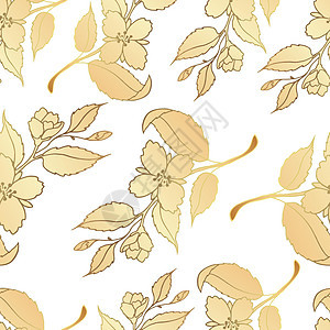 无缝模式 奢华的金色和优雅的树枝 白色背景上有一朵大花 花卉图案金叶 矢量文件背景图片