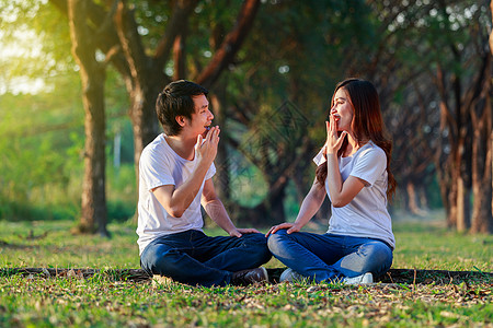 年轻夫妇在公园里聊天和拉拉乐趣浪漫阳光男人女孩成人女士女性幸福花园图片