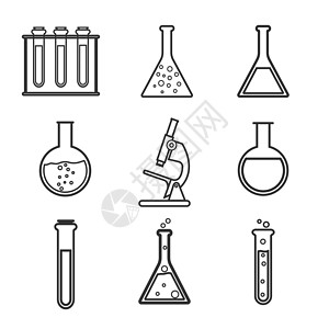 实验室图标设置 矢量图示 平面设计安瓿教育原子药店玻璃烧瓶液体测试实验研究图片