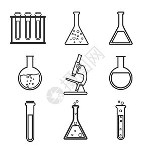 实验室图标设置 矢量图示 平面设计安瓿教育原子药店玻璃烧瓶液体测试实验研究图片