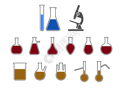 玻璃瓶 实验室图标 矢量插图 平面设计学校液体化学测试科学家生物学电脑显微镜化学品技术图片