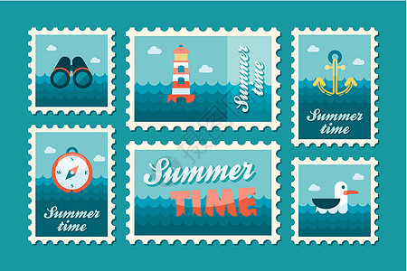 夏季海事邮票架设平板海滩双目罗盘海浪邮戳假期游艇邮政导航灯塔图片