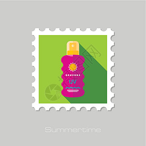 长影子的喷雾平面邮票中的日光膜贴纸奶油棕褐色防晒化妆品紫外线邮资洗剂瓶子晒黑图片