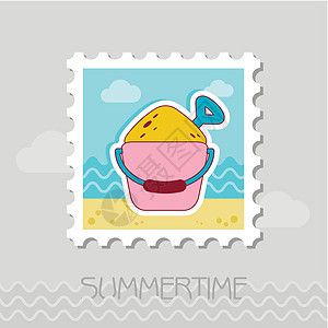 Sand Bucket和Shovel平面邮票海滩塑料假期邮政游戏童年玩具娱乐沙箱邮戳图片