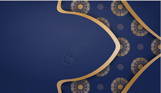 在文本下设计时带有古金金图案的深蓝色横幅金子蕾丝婚礼蓝色奢华打印卡片海报装饰花丝图片
