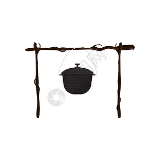 在营火上烹饪 布朗茶壶用木柴喷火 户外野餐 用早起晚宴或徒步做饭符号图片