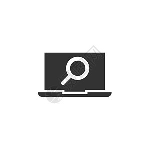 平面样式的计算机搜索图标 带放大镜矢量插图的笔记本电脑在孤立的白色背景上 设备展示经营理念办公室监控笔记监视器电子邮件硬件网络屏图片