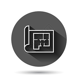 平面样式的房间计划图标 具有长阴影效果的黑色圆形背景上的蓝图矢量插图 房子项目圈子按钮经营理念素描公寓建筑师技术工程草图窗户财产图片
