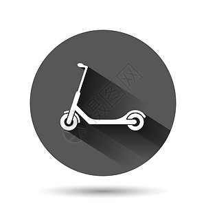 平面风格的电动摩托车图标 黑圆背景上的自行车矢量插图 具有长阴影效果 运输圈按钮业务概念 笑声活动运动车辆玩具旅行黑色标签速度脚图片