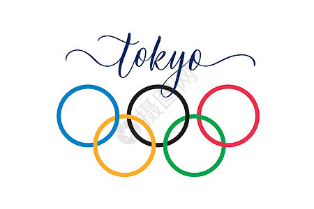 2020 年东京夏季奥运会体育比赛 五颜六色的圆环和书法 日本运动白色墙纸黑色游戏标识插图横幅圆圈火炬背景图片