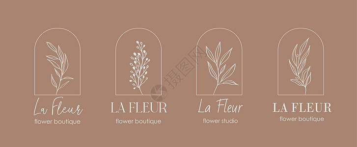 带有拱门的时尚线性风格的标志设计模板和会标概念-时尚美容和珠宝的标志婚礼邀请社会 La Fleur-法语花图片