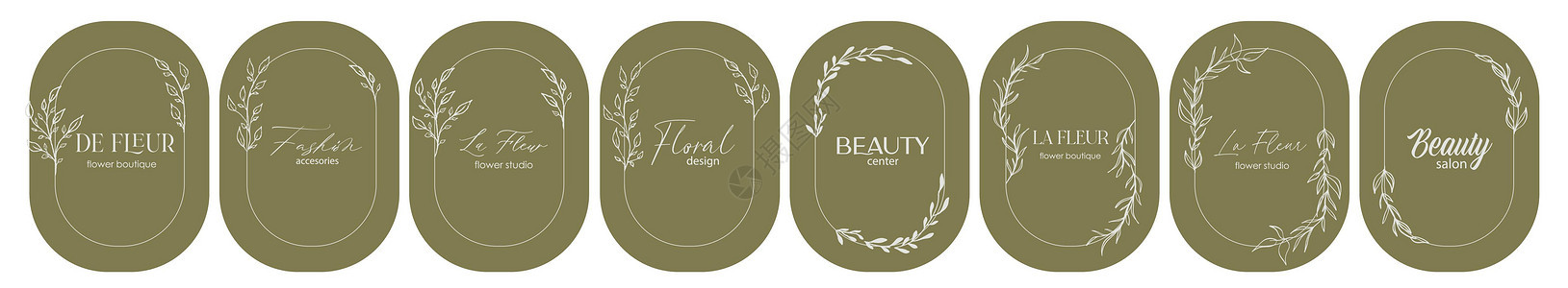 标志设计模板和会标概念在时尚线性风格与框架 时尚美容和珠宝婚礼邀请社会的象征  La Fleur法语中的花玫瑰奢华花园温泉午餐标背景图片
