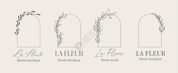 标志设计模板和字母组合概念在时尚线性风格与拱形-花卉框架-时尚美容和珠宝婚礼邀请社会的标志  La Fleur——法语中的花图片