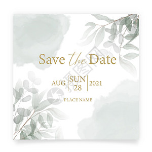 保存日期卡 带有水彩绿叶和手工书法的婚礼请柬模板 极简主义风格图片