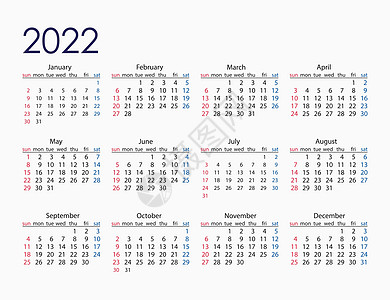 2022年 日历 矢量插图 星期天开始桌子办公室横幅公司日程季节数字商业规划师组织图片