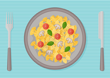 地中海美食开胃面食 包括通心粉 西红柿 蘑菇 罗勒等产品 意大利面放在餐巾纸上 盘子里放着刀叉 向量图片