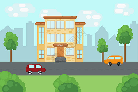 一座由黄砖制成的现代学校三层楼 位于红色和橙色汽车行驶的公路附近 矢量图片