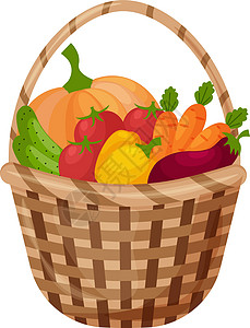 含有新鲜成熟蔬菜的大篮子 如南瓜 黄瓜 铃椒 茄子和西红柿及胡萝卜 在白色背景中孤立的秋天矢量说明图片