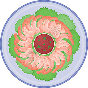 明亮 美味的煮虾放在圆盘上 上面有绿色的生菜叶和香草酱 盘子顶视图上的虾 孤立在白色背景上的矢量图解图片