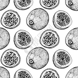 矢量手绘百香果无缝图案 美味的热带素食对象 用于餐厅 菜单 冰沙碗 市场 商店 派对装饰 餐点甜点食物异国插图水果草图叶子情调热图片