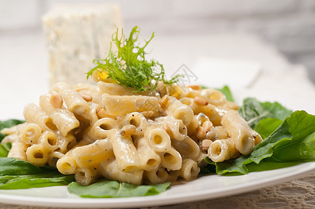 意大利通心粉戈贡佐拉和松子桌子盘子午餐小麦干酪羊乳产品蓝色草药美食图片