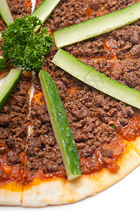 土耳其牛肉比萨饼 黄瓜在上面营养照片小吃美食食物三角形面包香菜饮食图片