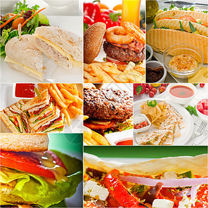汉堡包和三明治夹在拼贴上水果垃圾包子洋葱食物沙拉午餐牛肉小吃蔬菜图片