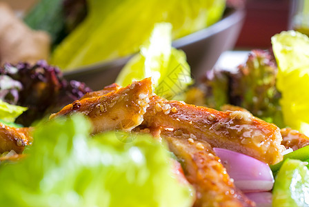 芝麻鸡肉沙拉草药美食小吃蔬菜餐厅饮食黄瓜午餐叶子洋葱图片