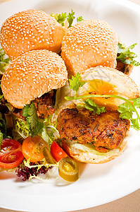 小型小鸡汉堡午餐食物小吃美食用餐洋葱包子盘子饮食烹饪图片