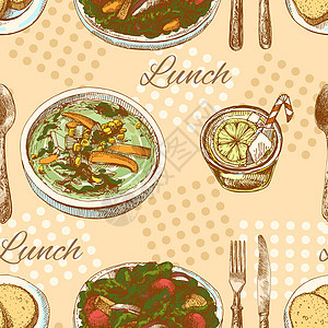 无缝无缝午餐模式洋葱食物饮料午餐插图木板绘画瓶子猪肉土豆图片
