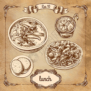 午餐中设置图形面包猪肉乡村食物味道土豆木板黄瓜绘画插图图片