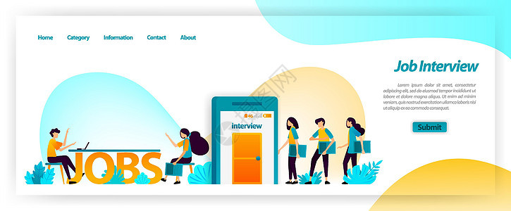 为公司团队寻找最佳年轻员工的工作面试申请 获取 寻找和招募和雇用员工 登陆页面 ui ux web 移动应用程序 海报 广告的矢图片