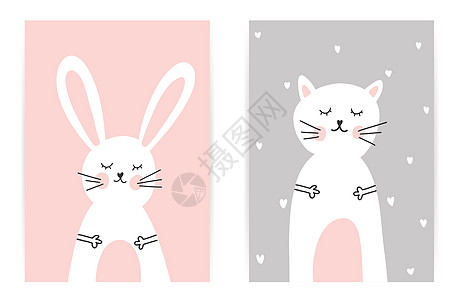 Childs 柔和的粉红色灰色海报 上面有一只兔子和一只猫图片