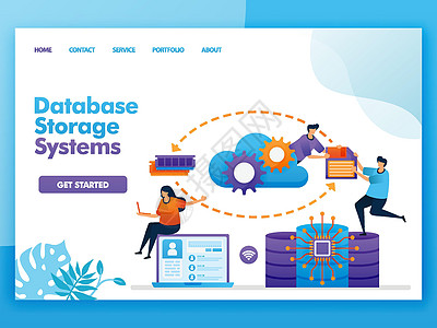 数据库存储系统的着陆页矢量设计 易于编辑和定制 网页 网站 主页 移动应用程序 UI 的现代平面设计理念 人物卡通插画平面风格图片