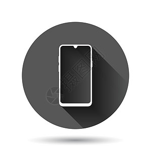 平式智能手机空白屏幕图标 移动电话矢量插图以黑色圆背景显示 并产生长阴影效应 电话圈按钮业务概念 掌上电脑网络界面触摸屏体验网站图片